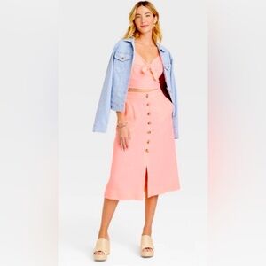 Universal Thread neon coral linen button front Skirt Set and crop top